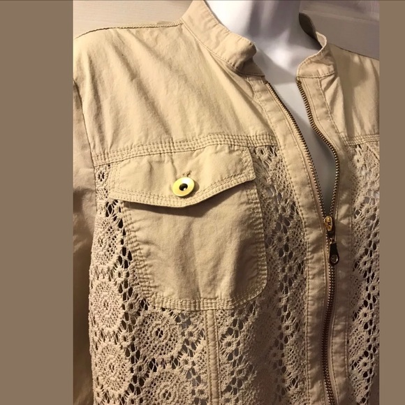 CHICOS Crochet Mix Jacket Coat Tan Beige Full Zip Closure Pockets Lace Basic - Picture 5 of 10